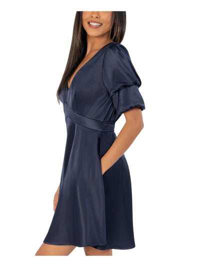 SPEECHLESS Womens Stretch Pocketed Lined Short Sleeve V Neck Short Party Fit + Flare Dress