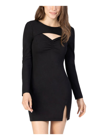 SPEECHLESS Womens Black Stretch Cut Out Ruched Split-hem Long Sleeve Crew Neck Short Cocktail Body Con Dress XS