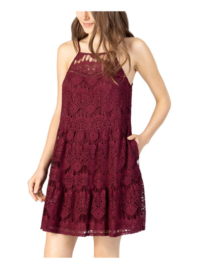 SPEECHLESS Womens Burgundy Pocketed Tie Lace Tiered Lined Sleeveless Halter Short Shift Dress XXS