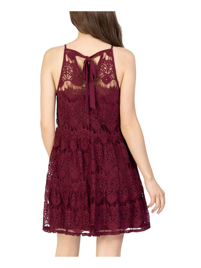 SPEECHLESS Womens Burgundy Pocketed Tie Lace Tiered Lined Sleeveless Halter Short Shift Dress XXS