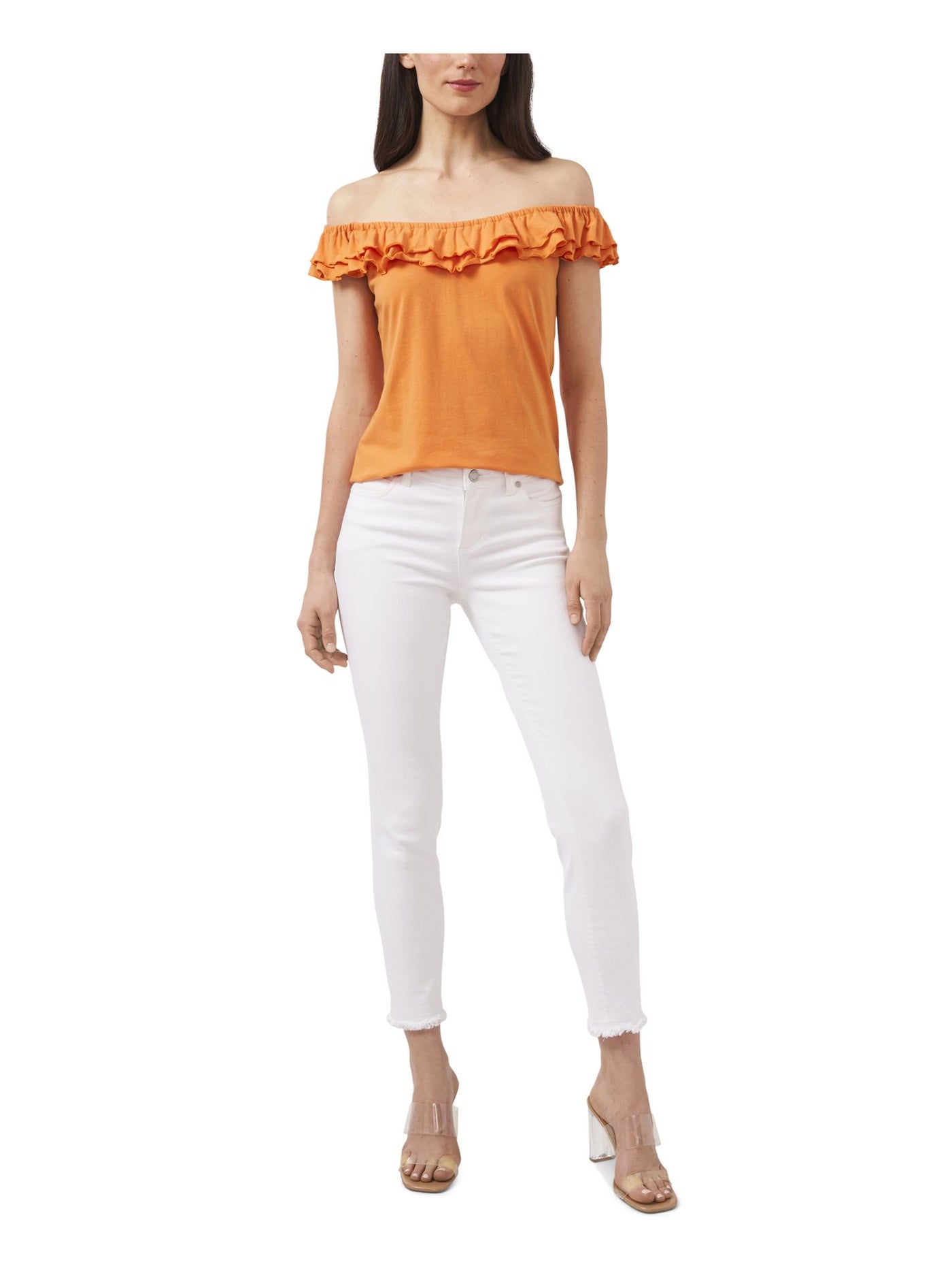 RILEY&RAE Womens Orange Stretch Ruffled Flutter Sleeve Off Shoulder Top L