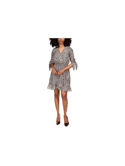 MICHAEL KORS Womens Beige Smocked Ruffled Tie Cuff Lined Animal Print 3/4 Sleeve Surplice Neckline Above The Knee Fit + Flare Dress XS