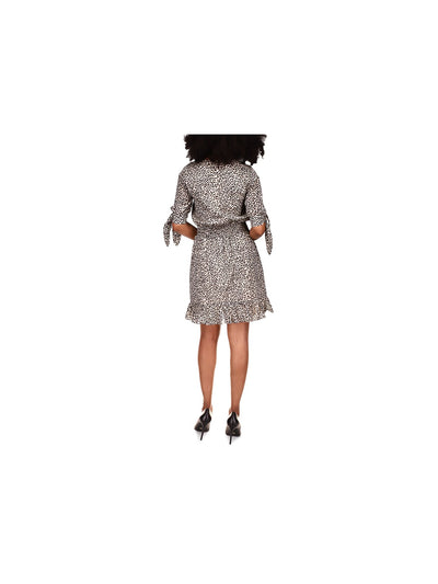 MICHAEL KORS Womens Beige Smocked Ruffled Tie Cuff Lined Animal Print 3/4 Sleeve Surplice Neckline Above The Knee Fit + Flare Dress XS