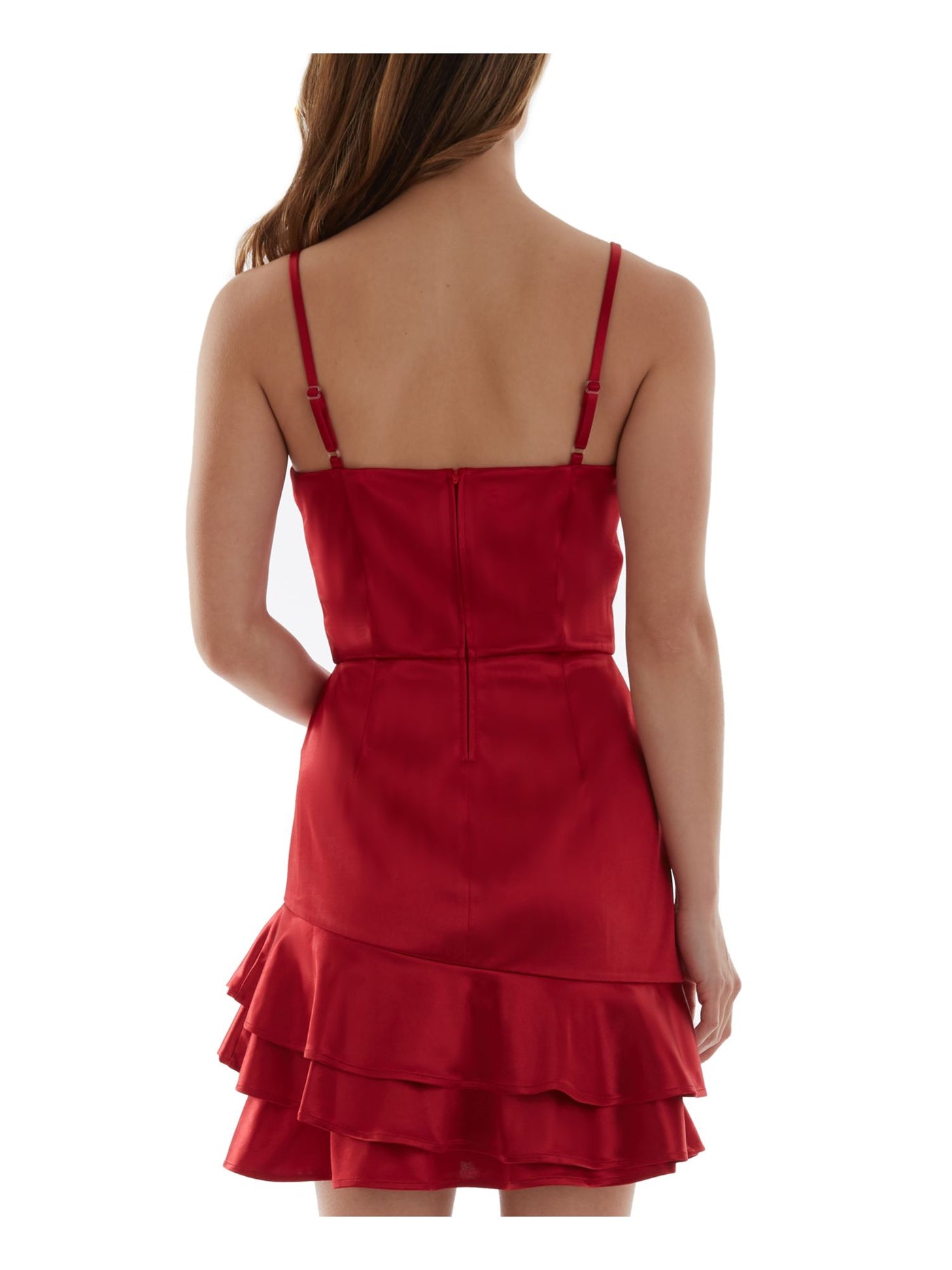 BCX Womens Red Stretch Ruffled Zippered Cupped Pull-overeasy Care Spaghetti Strap Sweetheart Neckline Above The Knee Party Sheath Dress Juniors 1