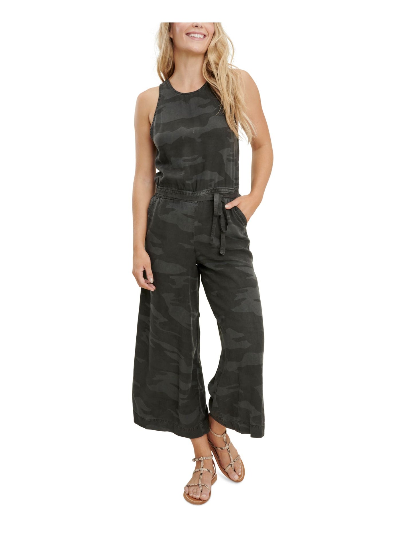 SPLENDID Womens Gray Pocketed Tie Waist Camouflage Sleeveless Round Neck Wide Leg Jumpsuit L