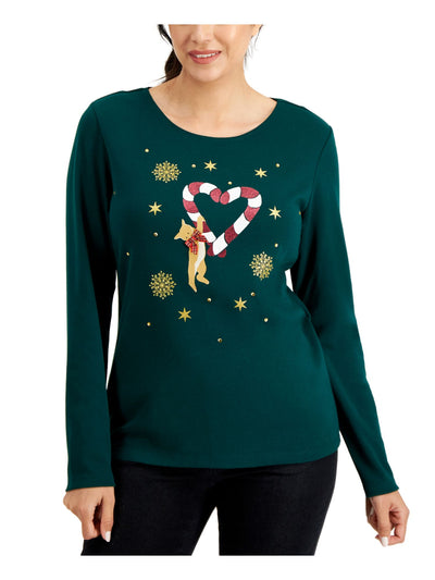 KAREN SCOTT Womens Green Stretch Glitter Graphic Long Sleeve Scoop Neck Holiday Top Petites P\XL