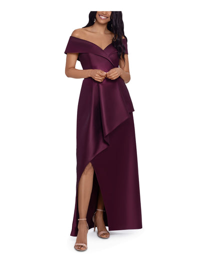 XSCAPE Womens Burgundy Zippered Draped Asymmetrical Skirt Lined Short Sleeve Off Shoulder Full-Length Evening Gown Dress 6