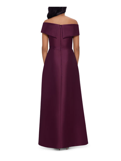 XSCAPE Womens Burgundy Zippered Draped Asymmetrical Skirt Lined Short Sleeve Off Shoulder Full-Length Evening Gown Dress 6