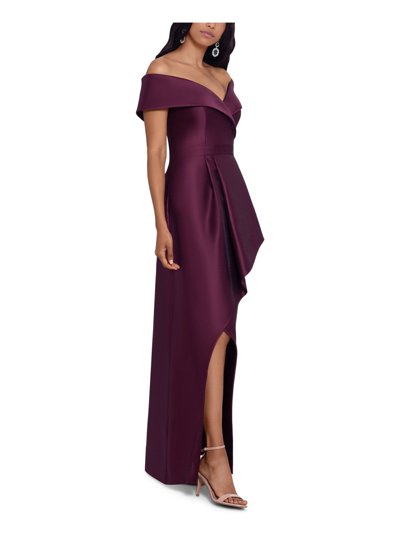 XSCAPE Womens Burgundy Zippered Draped Asymmetrical Skirt Lined Short Sleeve Off Shoulder Full-Length Evening Gown Dress 4