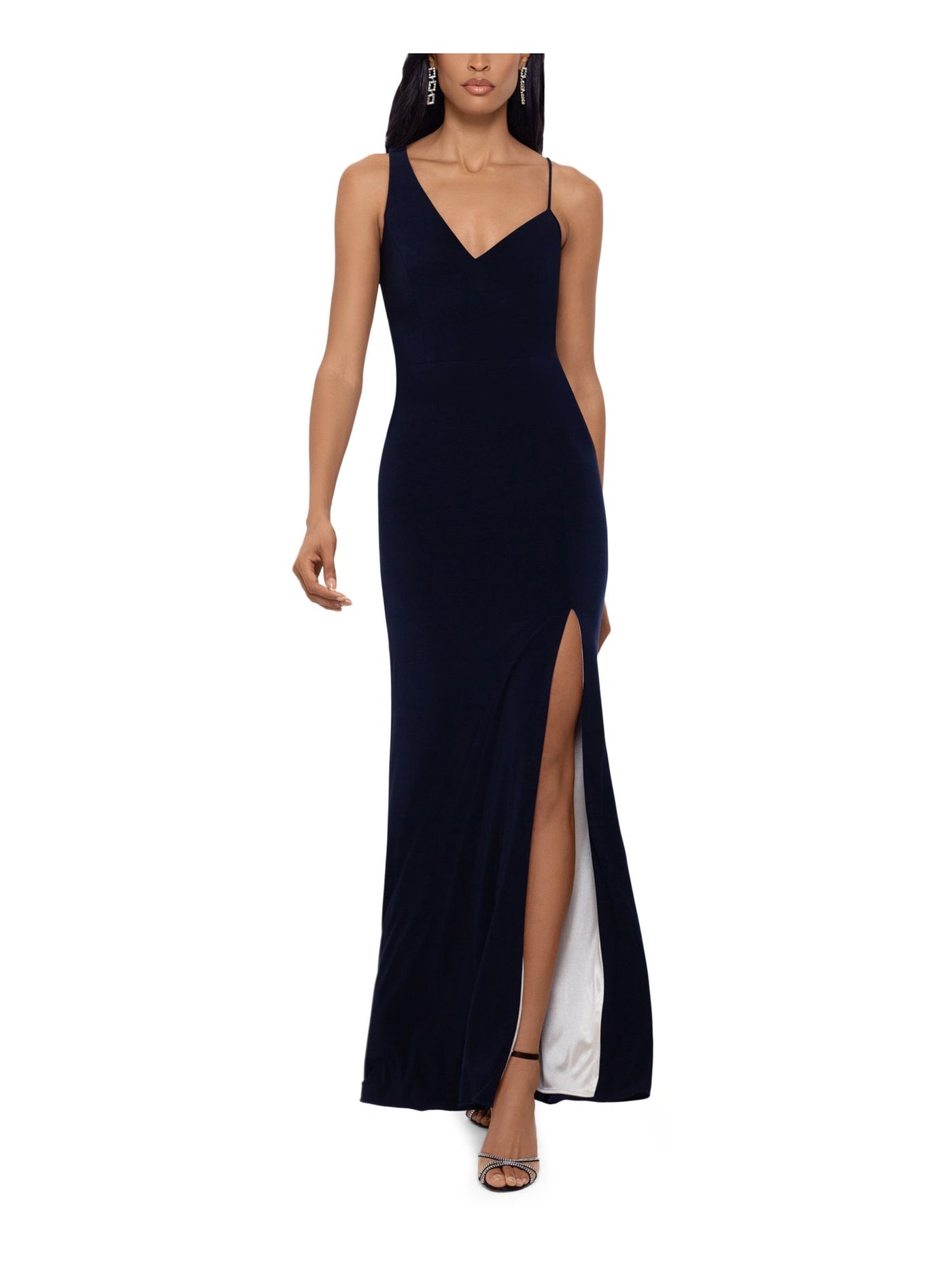 XSCAPE Womens Navy Stretch Slitted Zippered Straps One Wide One Spaghetti Sleeveless Asymmetrical Neckline Full-Length Formal Gown Dress 6