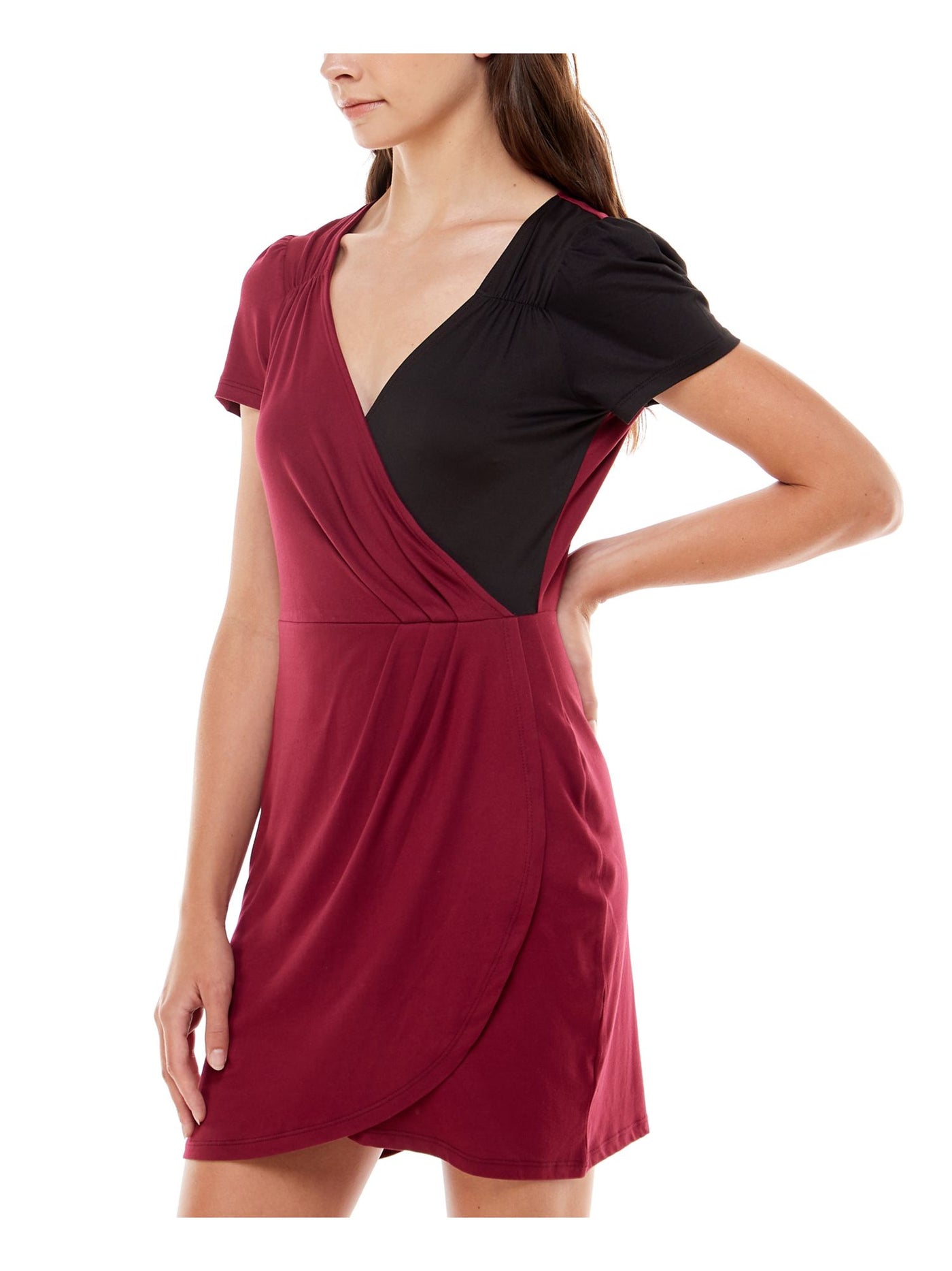 ULTRA FLIRT Womens Red Stretch Ruched Pleated Pullover Color Block Short Sleeve Surplice Neckline Short Faux Wrap Dress S