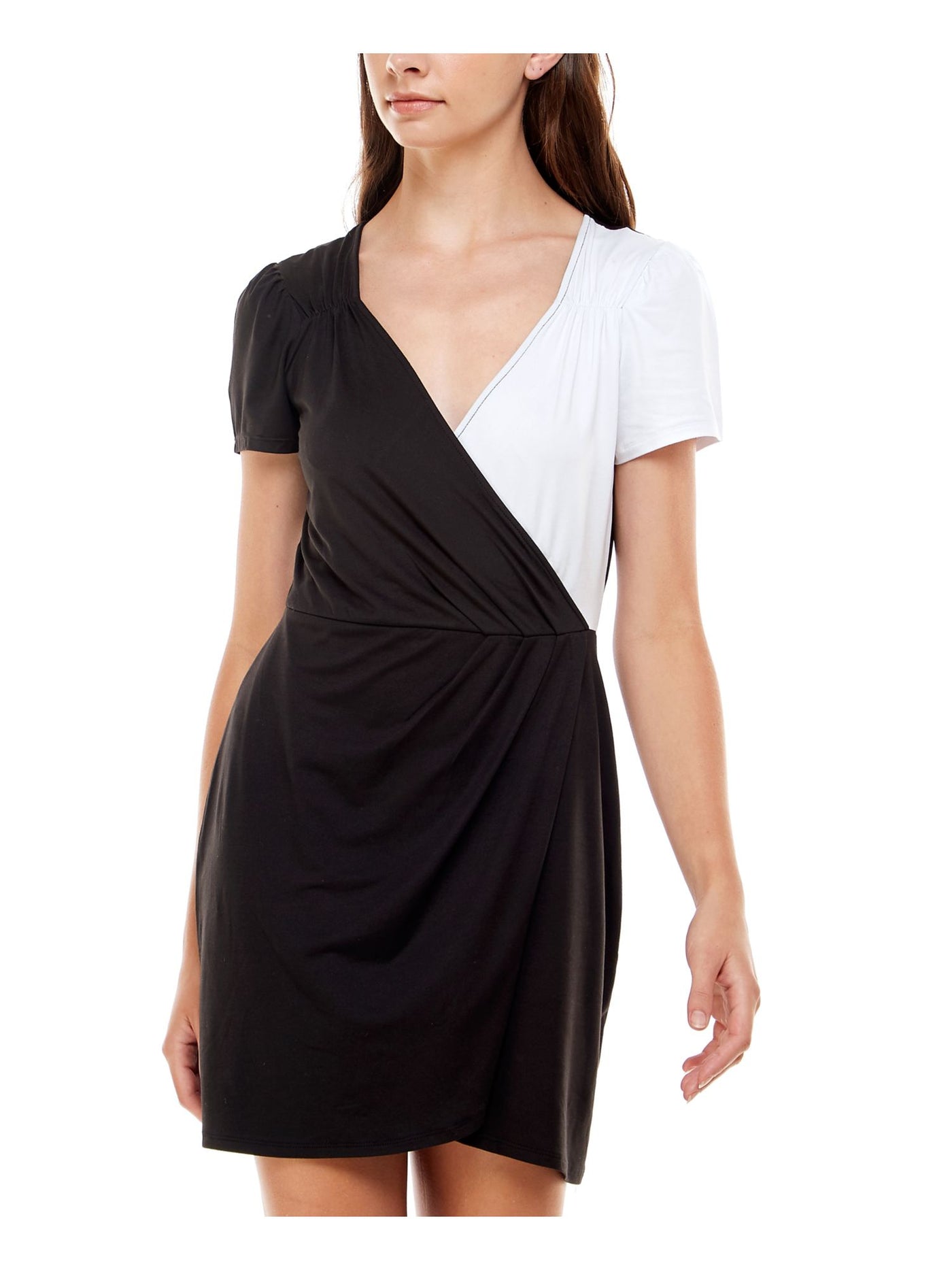 ULTRA FLIRT Womens Black Stretch Ruched Pullover Styling Color Block Short Sleeve Surplice Neckline Short Faux Wrap Dress L