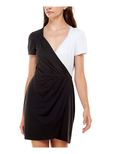 ULTRA FLIRT Womens Black Stretch Ruched Pullover Styling Color Block Short Sleeve Surplice Neckline Short Faux Wrap Dress L