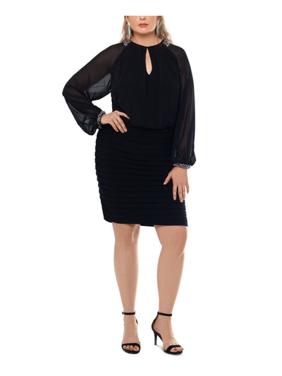 XSCAPE Womens Beaded Zippered Pleated Sheer Long Sleeve Keyhole Above The Knee Cocktail Sheath Dress