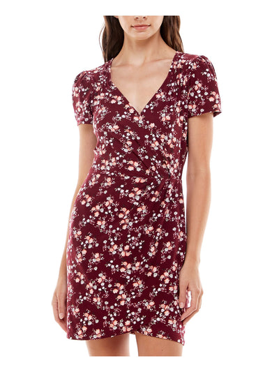 ULTRA FLIRT Womens Maroon Stretch Ruched Pleated Pullover Styling Floral Short Sleeve Surplice Neckline Short Faux Wrap Dress M