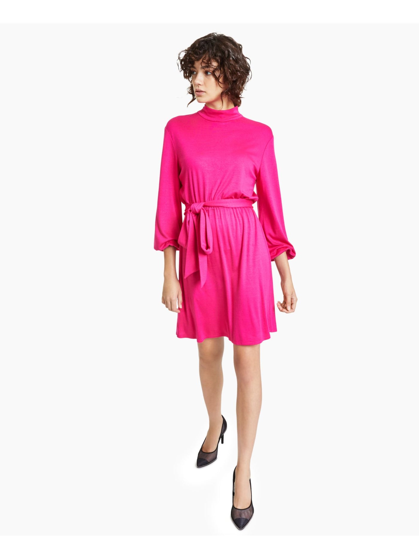 BAR III Womens Pink Stretch Tie Unlined Elastic Cuffs Balloon Sleeve Mock Neck Above The Knee Party Shift Dress M