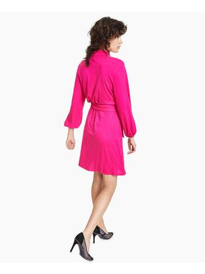 BAR III DRESSES Womens Stretch Tie Unlined Elastic Cuffs Balloon Sleeve Mock Neck Above The Knee Party Shift Dress