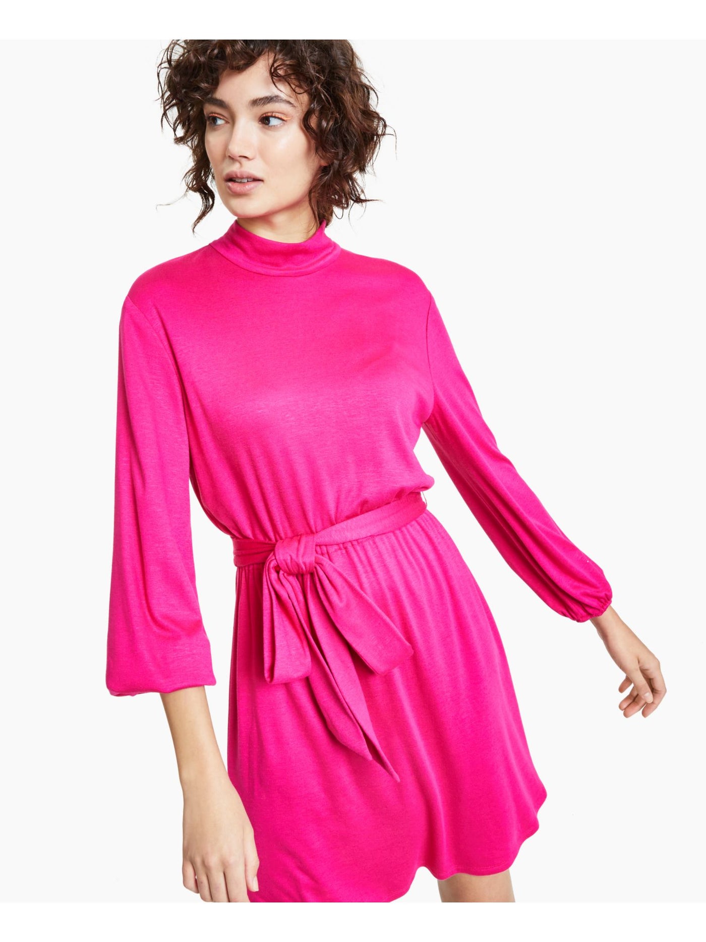 BAR III Womens Pink Stretch Tie Unlined Elastic Cuffs Balloon Sleeve Mock Neck Above The Knee Party Shift Dress S