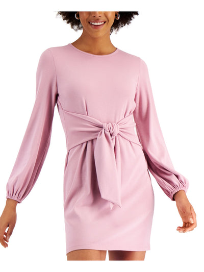 BAR III DRESSES Womens Pink Stretch Ribbed Tie Elastic Cuffs Long Sleeve Jewel Neck Short Party Sheath Dress L