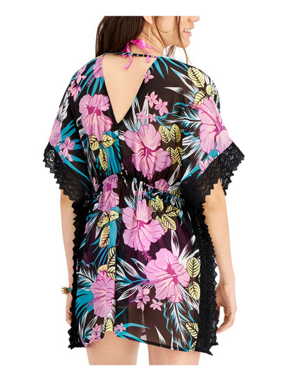 MIKEN Women's Black Floral Lace-Inset Tie-Front Kimono Deep V Neck Swimsuit Cover Up M