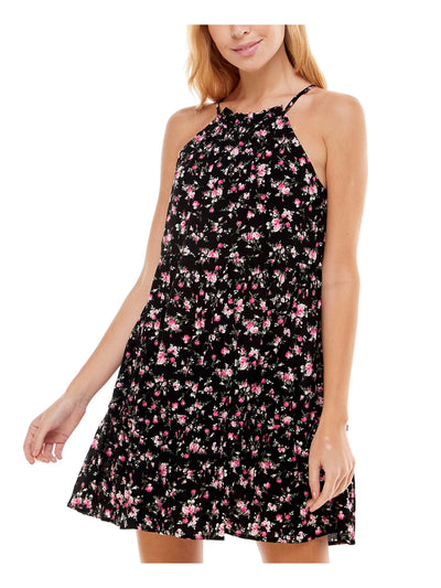 TRIXXI Womens Black Tie Floral Sleeveless Halter Short Fit + Flare Dress S