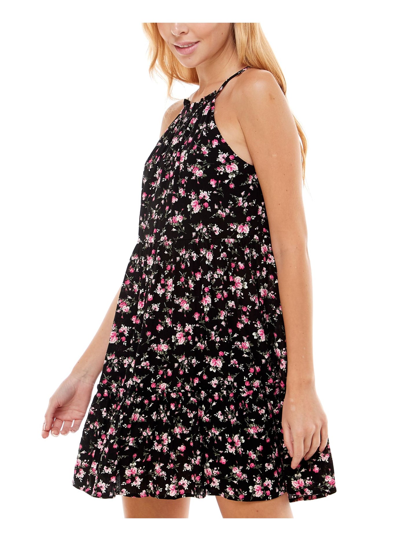 TRIXXI Womens Black Tie Floral Sleeveless Halter Short Fit + Flare Dress XL