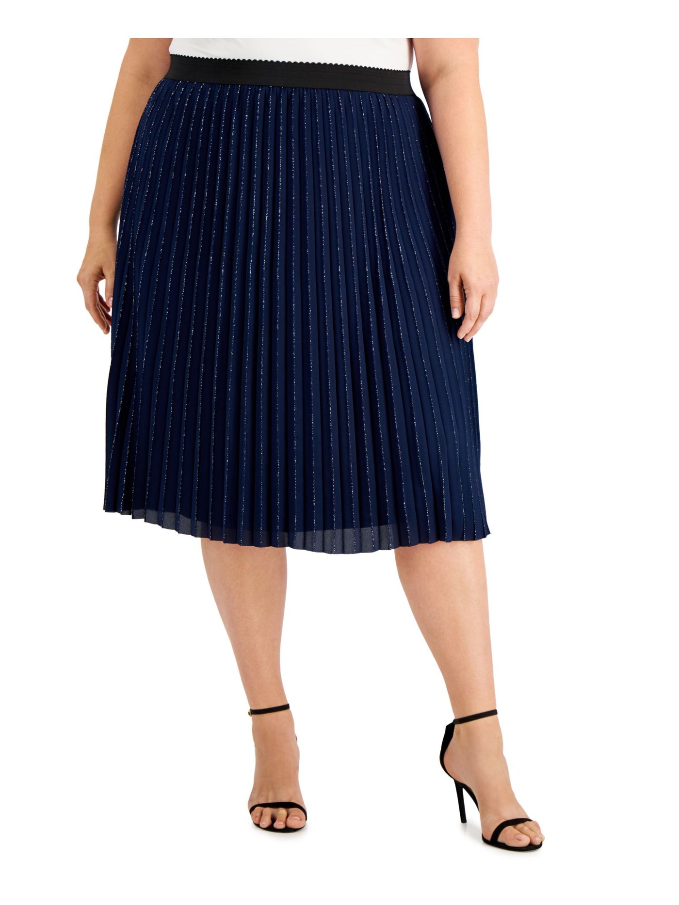 ADRIANNA PAPELL Womens Navy Metallic Pull On Styling Tea-Length Cocktail Pleated Skirt Petites 6P