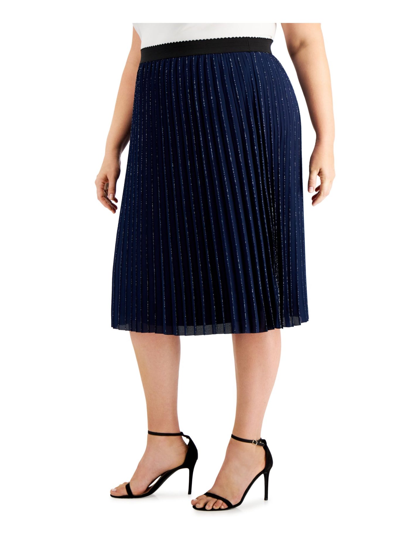 ADRIANNA PAPELL Womens Navy Metallic Pull On Styling Tea-Length Cocktail Pleated Skirt Plus 20W