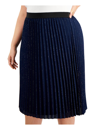 ADRIANNA PAPELL Womens Navy Metallic Pull On Styling Tea-Length Cocktail Pleated Skirt Plus 18W