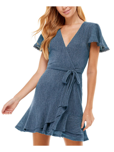 CITY STUDIO Womens Blue Ruffled Zippered Keyhole Back Belted Pom-pom Trim Heather Flutter Sleeve Surplice Neckline Short Party Fit + Flare Dress 9