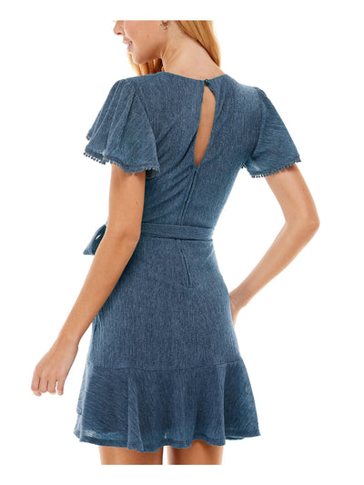 CITY STUDIO Womens Blue Ruffled Zippered Keyhole Back Belted Pom-pom Trim Heather Flutter Sleeve Surplice Neckline Short Party Fit + Flare Dress 11