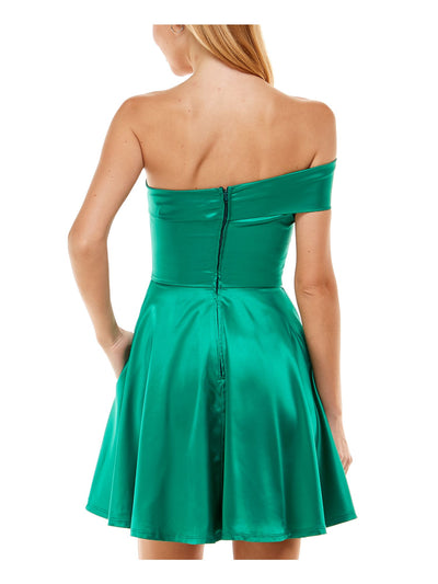 CITY STUDIO Womens Green Stretch Zippered Darted One Shoulder Sleeveless Off Shoulder Short Party Fit + Flare Dress 17