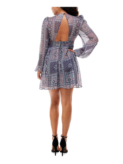 EMERALD SUNDAE Womens Blue Zippered Gathered Cutout-back Printed Balloon Sleeve V Neck Short Fit + Flare Dress 9