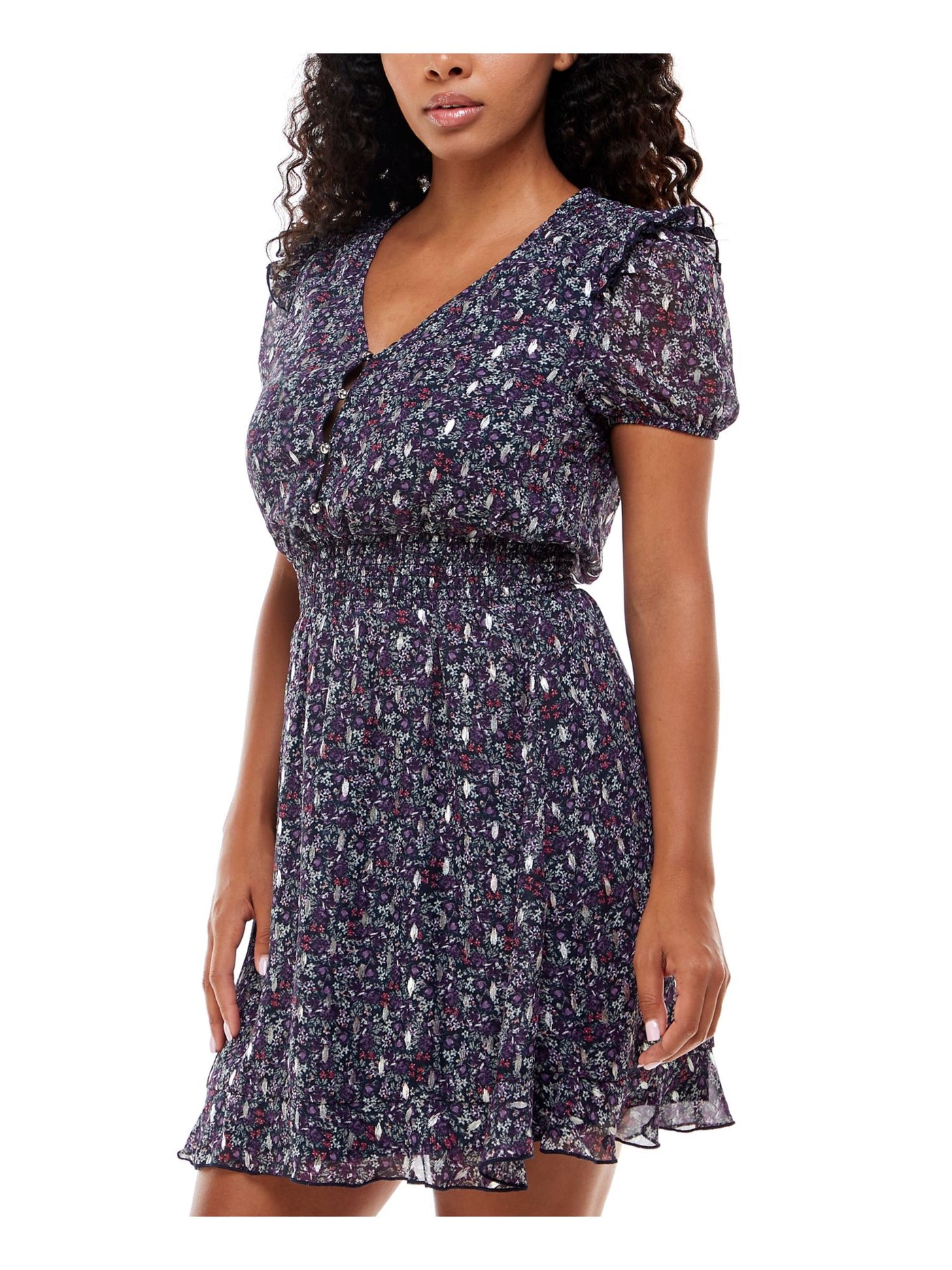 EMERALD SUNDAE Womens Navy Smocked Button Front Pullover Printed Short Sleeve V Neck Short Party Fit + Flare Dress S