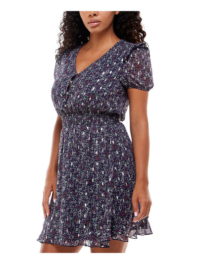 EMERALD SUNDAE Womens Navy Smocked Button Front Pullover Printed Short Sleeve V Neck Short Party Fit + Flare Dress S