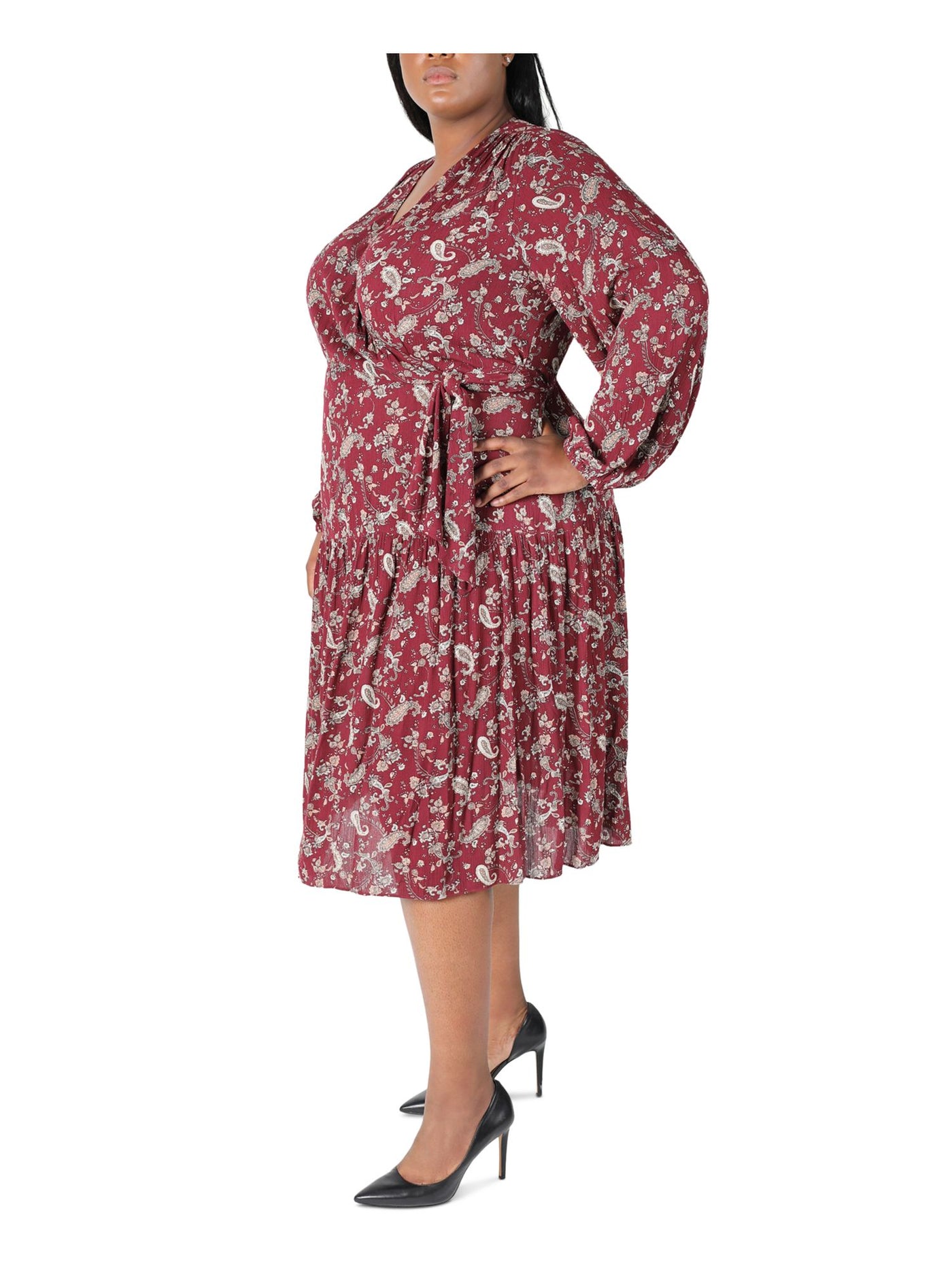 SIGNATURE BY ROBBIE BEE Womens Maroon Tie Crinkle Paisley Balloon Sleeve Surplice Neckline Midi Party Faux Wrap Dress Plus 3X