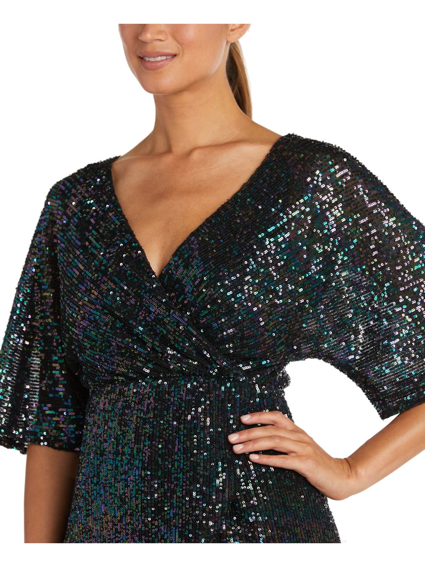 MORGAN & CO Womens Black Sequined Zippered Lined Elbow Sleeve Surplice Neckline Mini Party Faux Wrap Dress 1