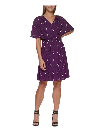 DKNY Womens Purple Zippered Belted Ribbed Printed Dolman Sleeve Surplice Neckline Above The Knee Party Fit + Flare Dress 6