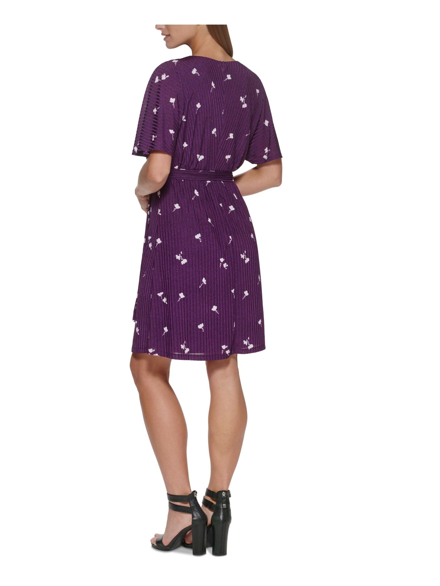 DKNY Womens Purple Zippered Belted Ribbed Printed Dolman Sleeve Surplice Neckline Above The Knee Party Fit + Flare Dress 6