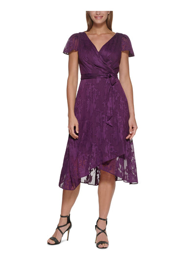 DKNY Womens Purple Zippered Belted Metallic Floral Flutter Sleeve Surplice Neckline Midi Evening Wrap Dress 2