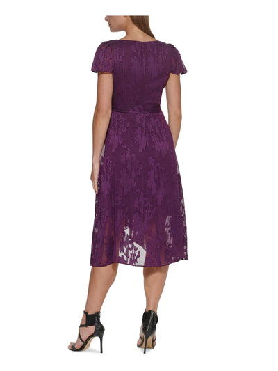 DKNY Womens Purple Zippered Belted Metallic Floral Flutter Sleeve Surplice Neckline Midi Evening Wrap Dress 2