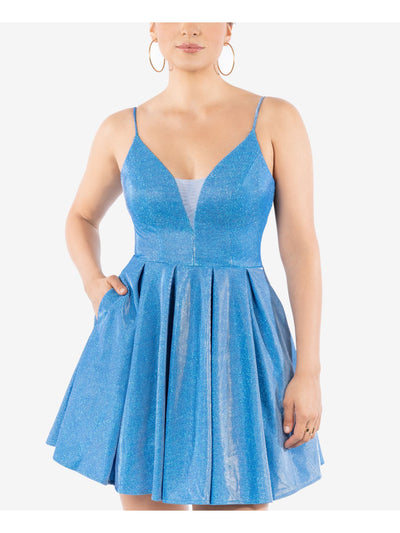 B DARLIN Womens Blue Stretch Zippered Pocketed Glitter Mesh Inset V Neck Short Party Fit + Flare Dress 13\14