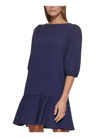 DKNY Womens Stretch Textured Zippered Ruffled Hem Unlined Blouson Sleeve Jewel Neck Above The Knee Trapeze Dress