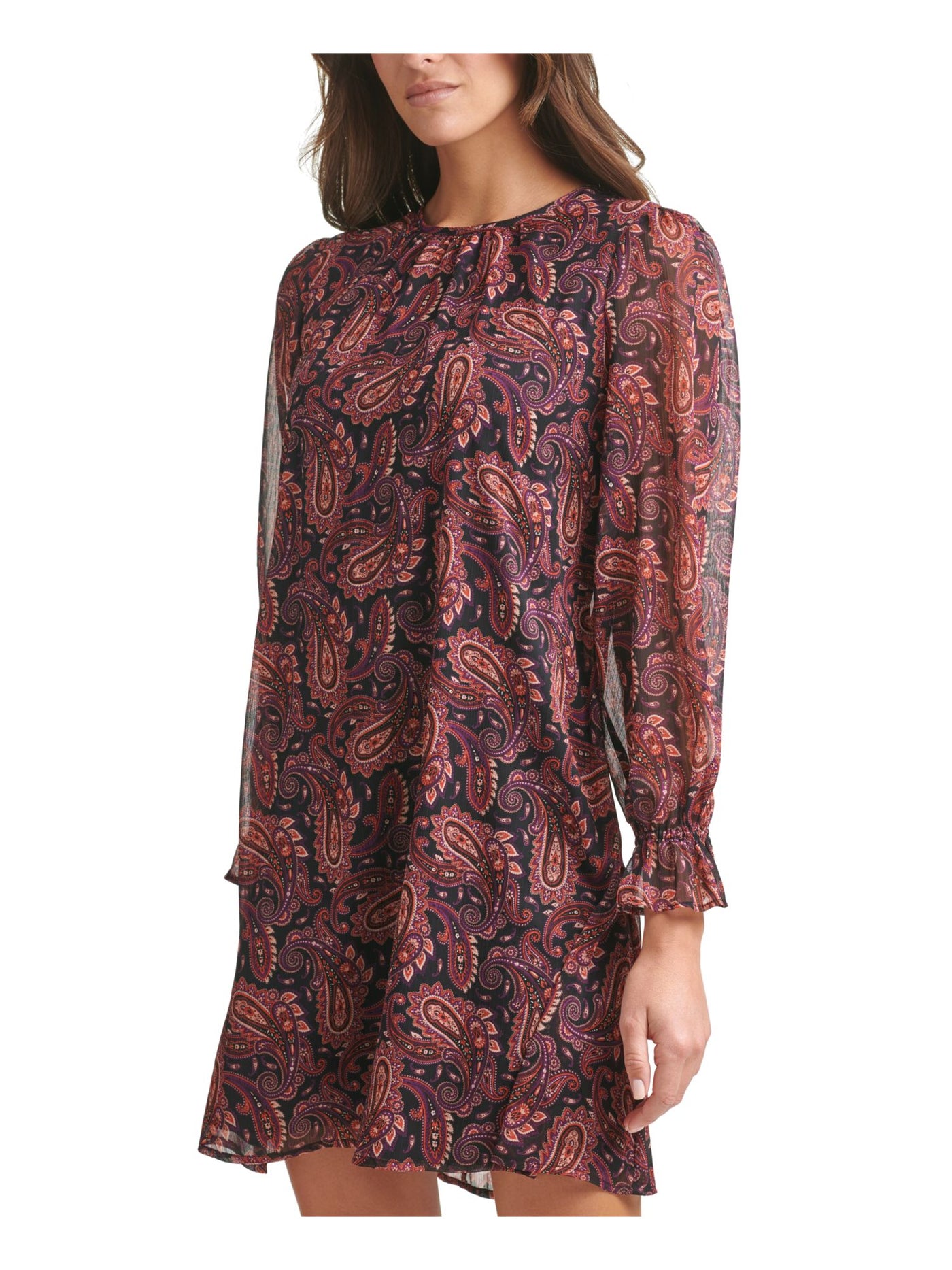 TOMMY HILFIGER Womens Black Paisley Long Sleeve Crew Neck Short Cocktail Shift Dress Petites 4P