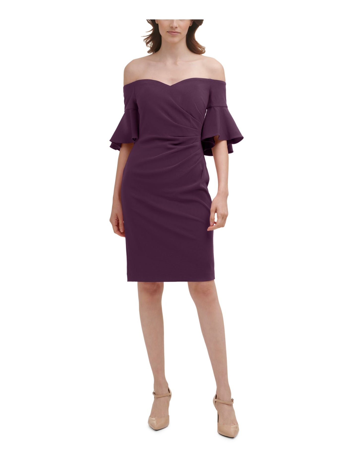 CALVIN KLEIN Womens Purple Zippered Pleated Lined Padded Boning Bell Sleeve Off Shoulder Above The Knee Evening Sheath Dress 12