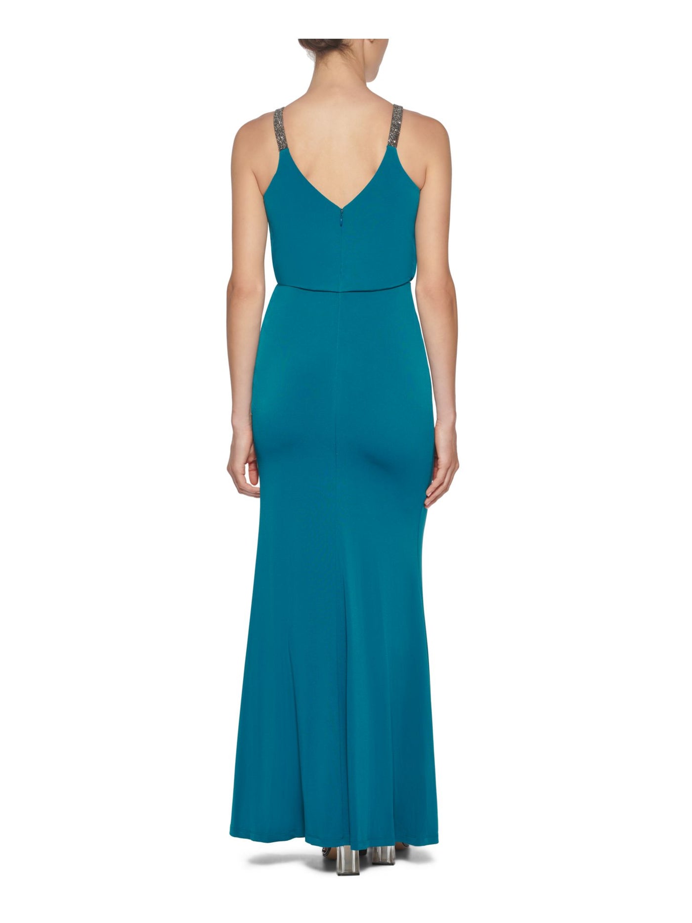 CALVIN KLEIN Womens Teal Stretch Ruched Zippered Embellished Straps Jersey-knit Spaghetti Strap Surplice Neckline Full-Length Cocktail Gown Dress 12