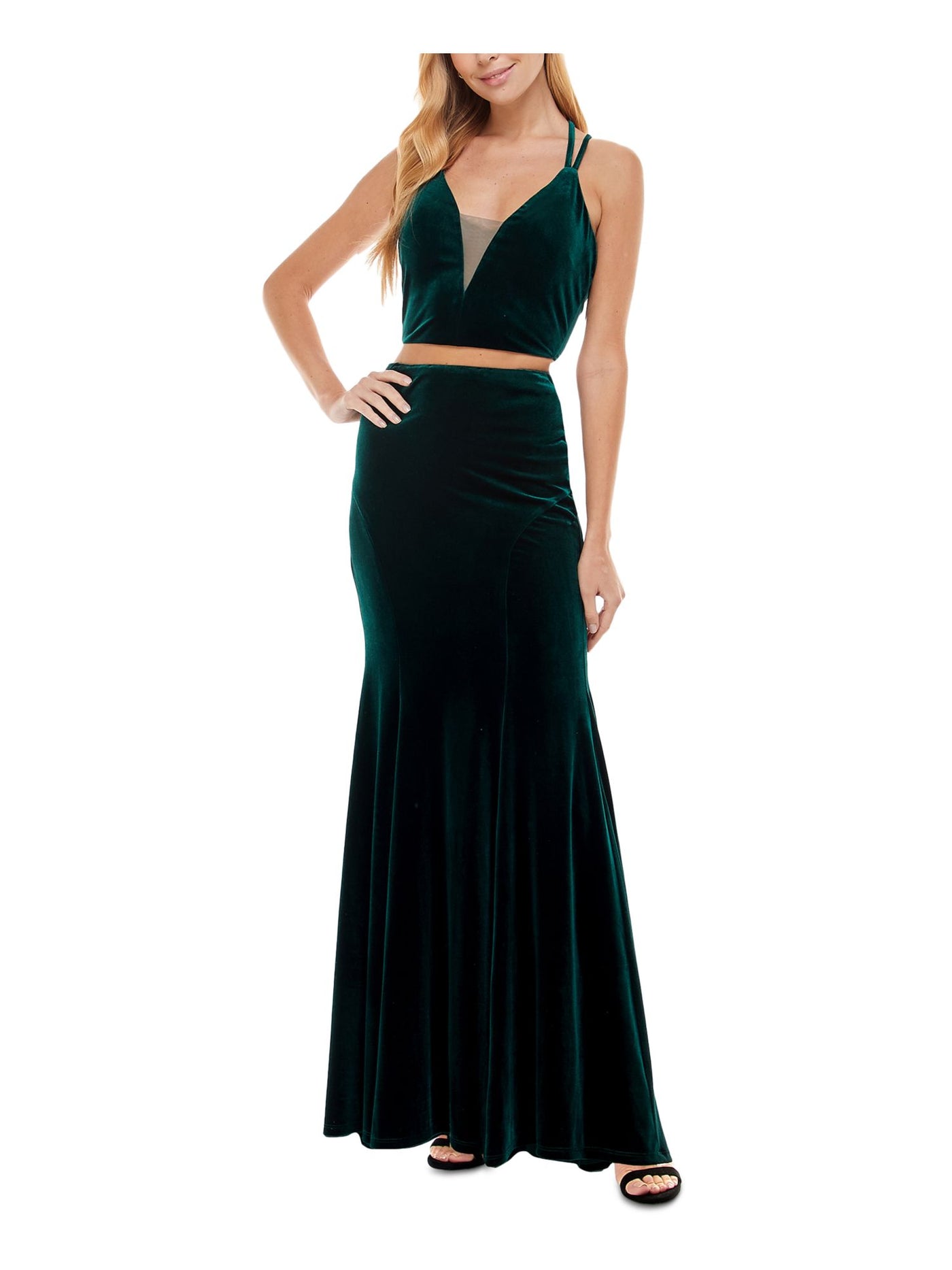 CITY STUDIO Womens Green Stretch Zippered Illusion Inset Crisscross Straps Sleeveless V Neck Full-Length Prom Mermaid Dress 1