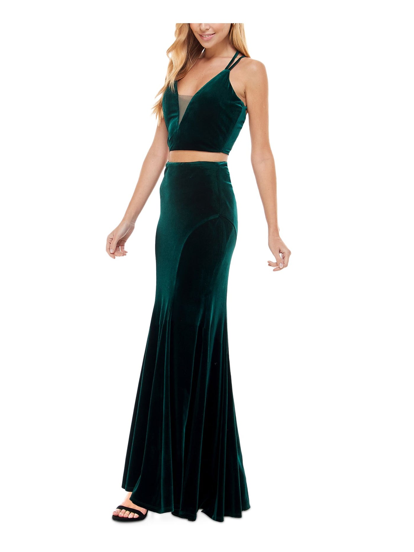 CITY STUDIO Womens Green Stretch Zippered Illusion Inset Crisscross Straps Sleeveless V Neck Full-Length Prom Mermaid Dress 1