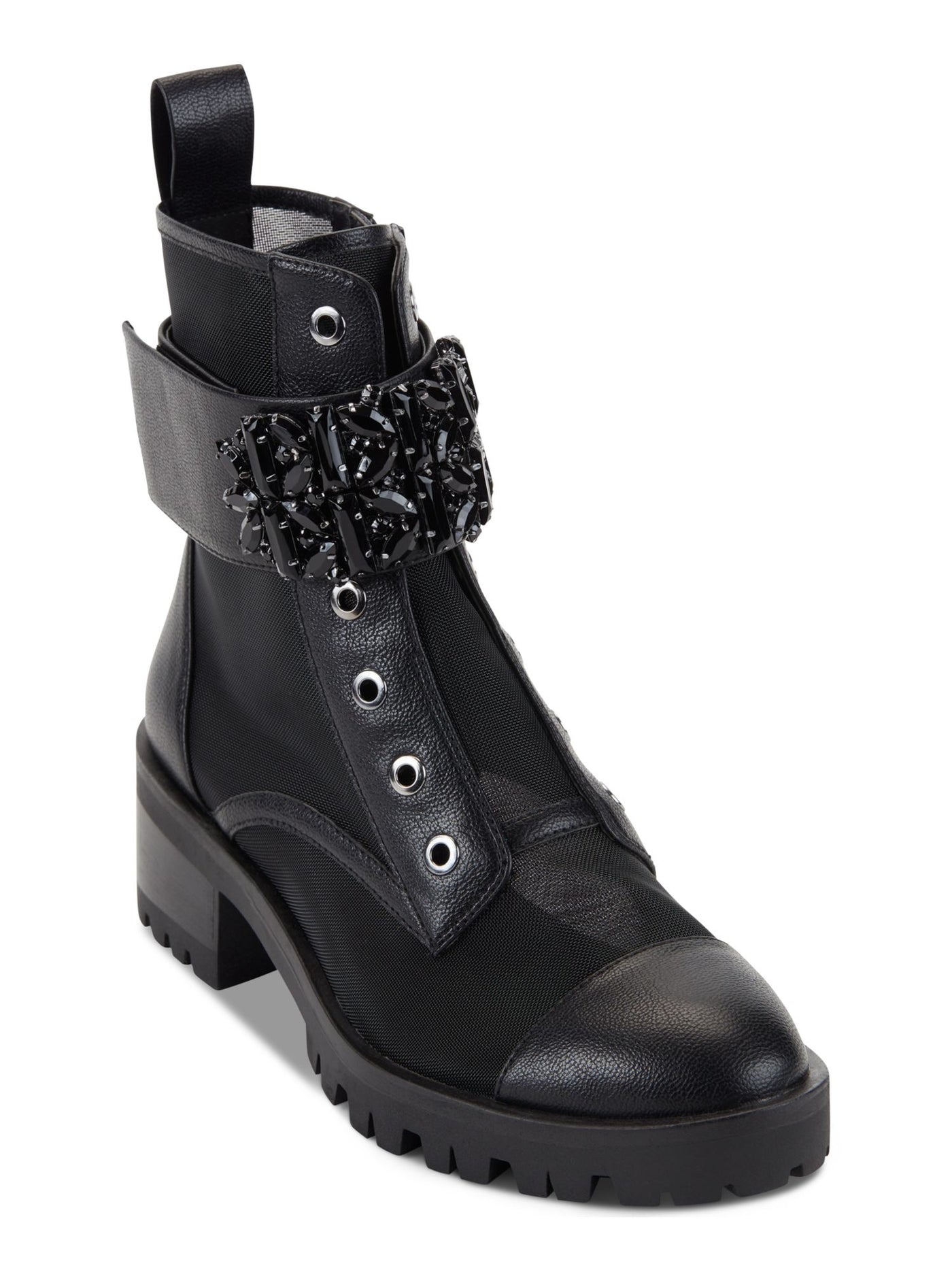 KARL LAGERFELD PARIS Womens Black Embellished Ankle Strap Eyelets Lug Sole Cushioned Pippa Round Toe Block Heel Zip-Up Combat Boots 5.5