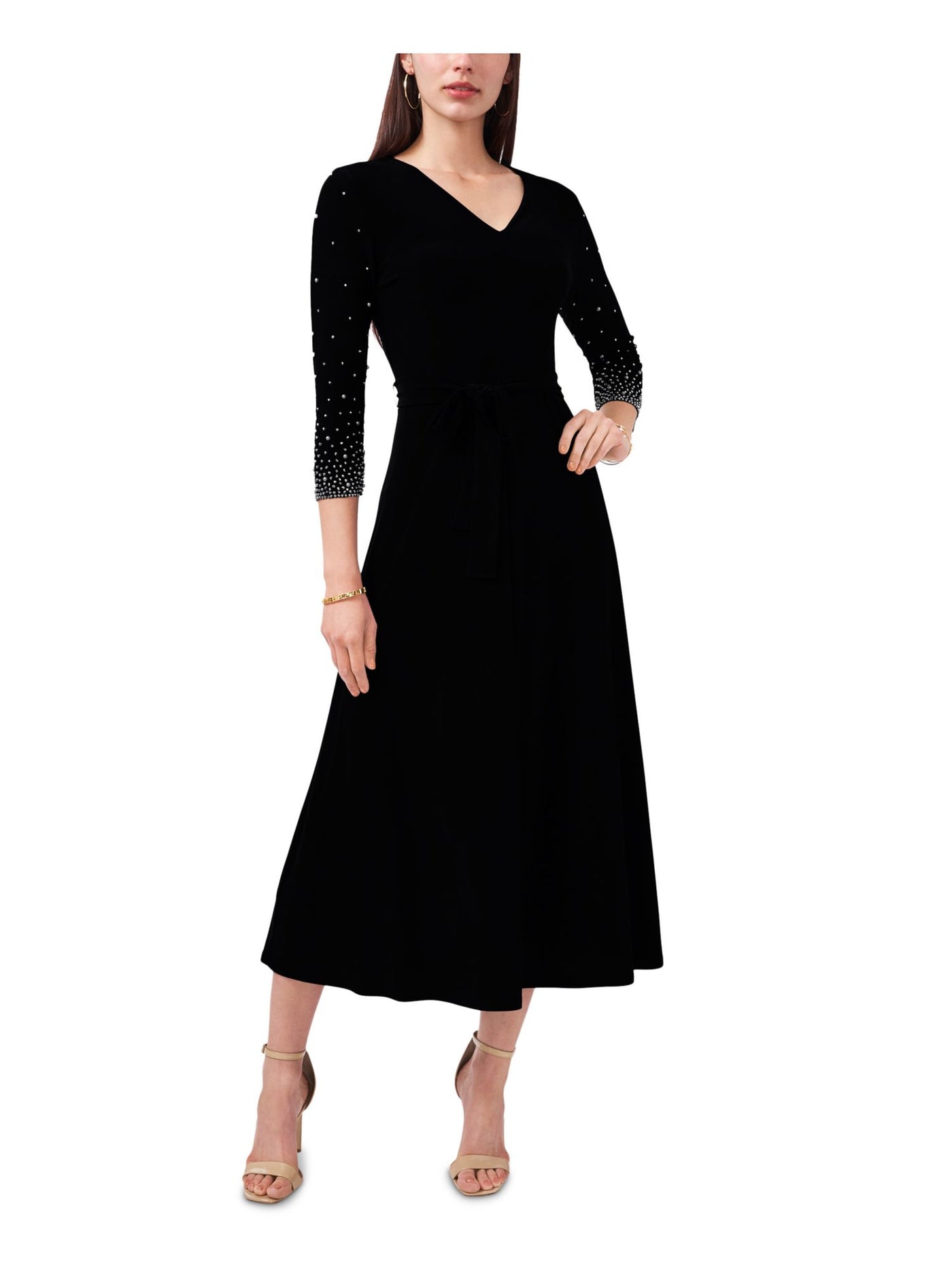 MSK Womens Black Stretch Beaded Belted Jersey Knit Pullover Unlined 3/4 Sleeve V Neck Midi Fit + Flare Dress M